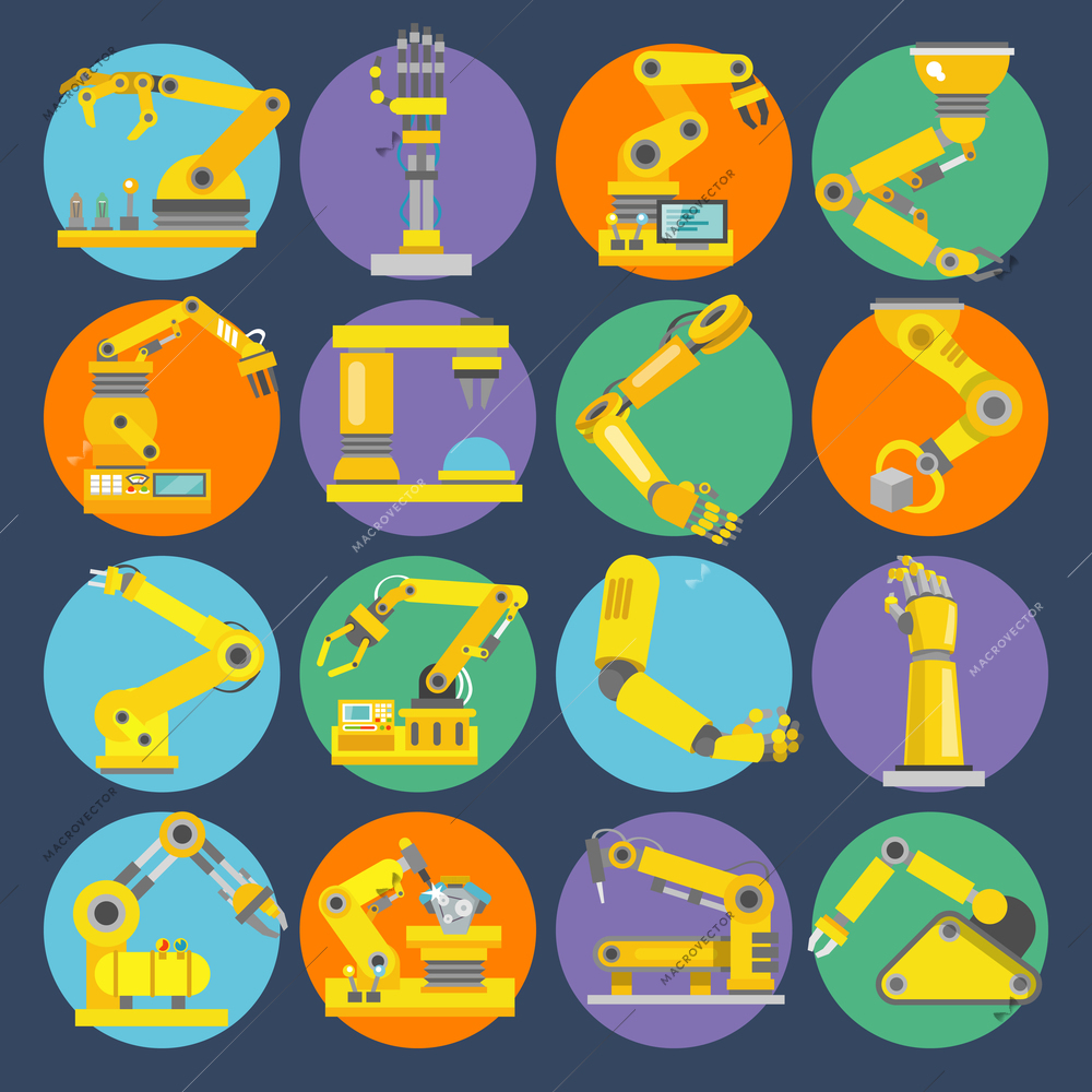 Robotic arm remote control device machine equipment flat icons set isolated vector illustration