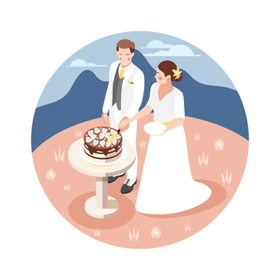 Wedding isometric round composition with outdoor landscape and bride with groom cutting wedding cake together vector illustration
