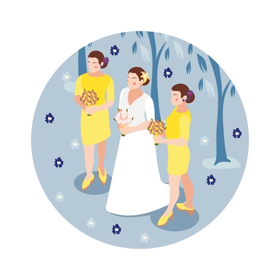 Wedding isometric round composition with outdoor landscape and bride walking with female friends holding flowers vector illustration