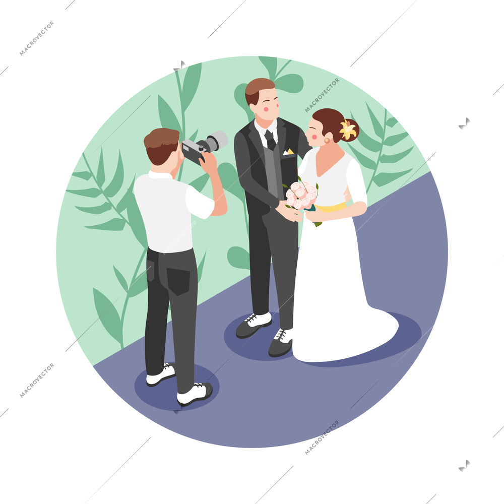 Wedding isometric round composition with outdoor landscape and photographer shooting bride with groom vector illustration