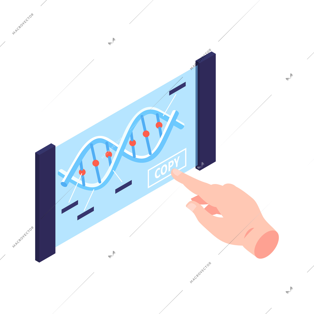 Isometric human cloning dna research science laboratory composition with holographic map of dna structure with hand vector illustration