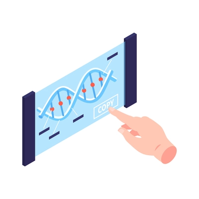 Isometric human cloning dna research science laboratory composition with holographic map of dna structure with hand vector illustration