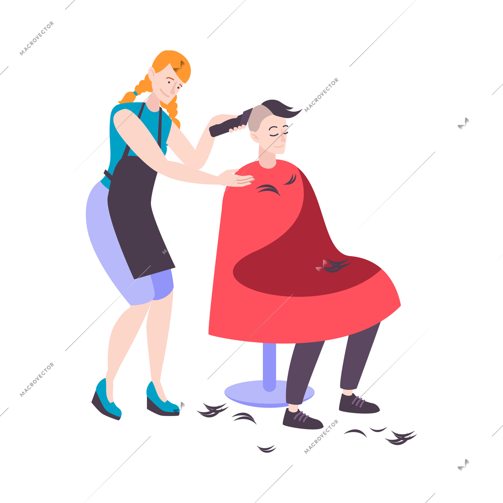 Hair salon set composition with sitting male client and working female hairdresser on blank background vector illustration