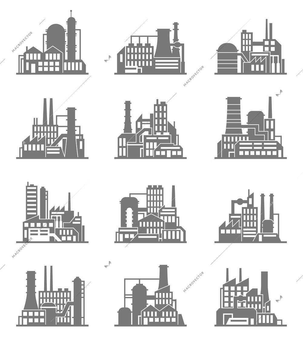 Industrial city construction building factories and plants black icons set isolated vector illustration