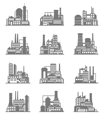 Industrial city construction building factories and plants black icons set isolated vector illustration