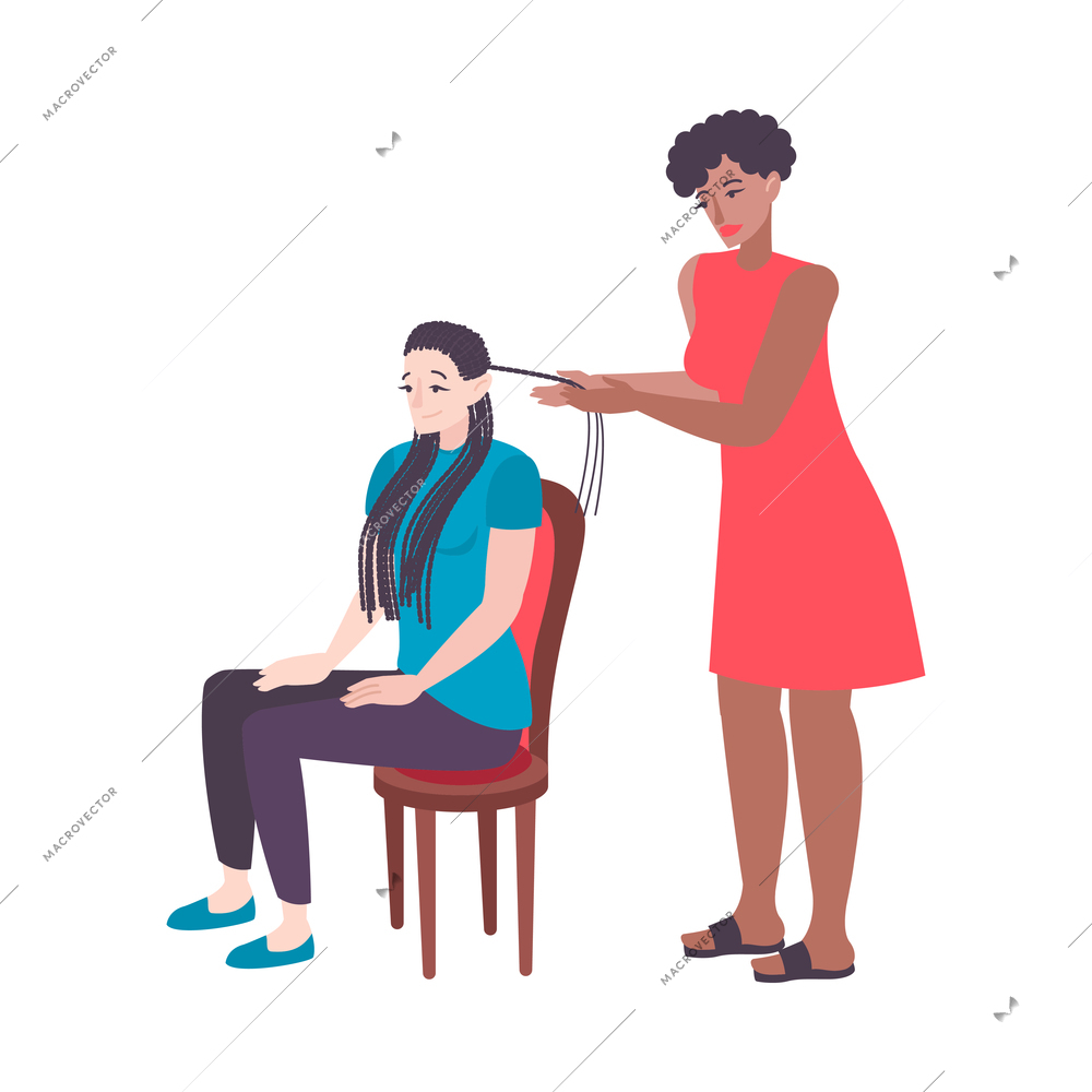 Hair salon set composition with female hairdresser tying clients hair into braids on blank background vector illustration