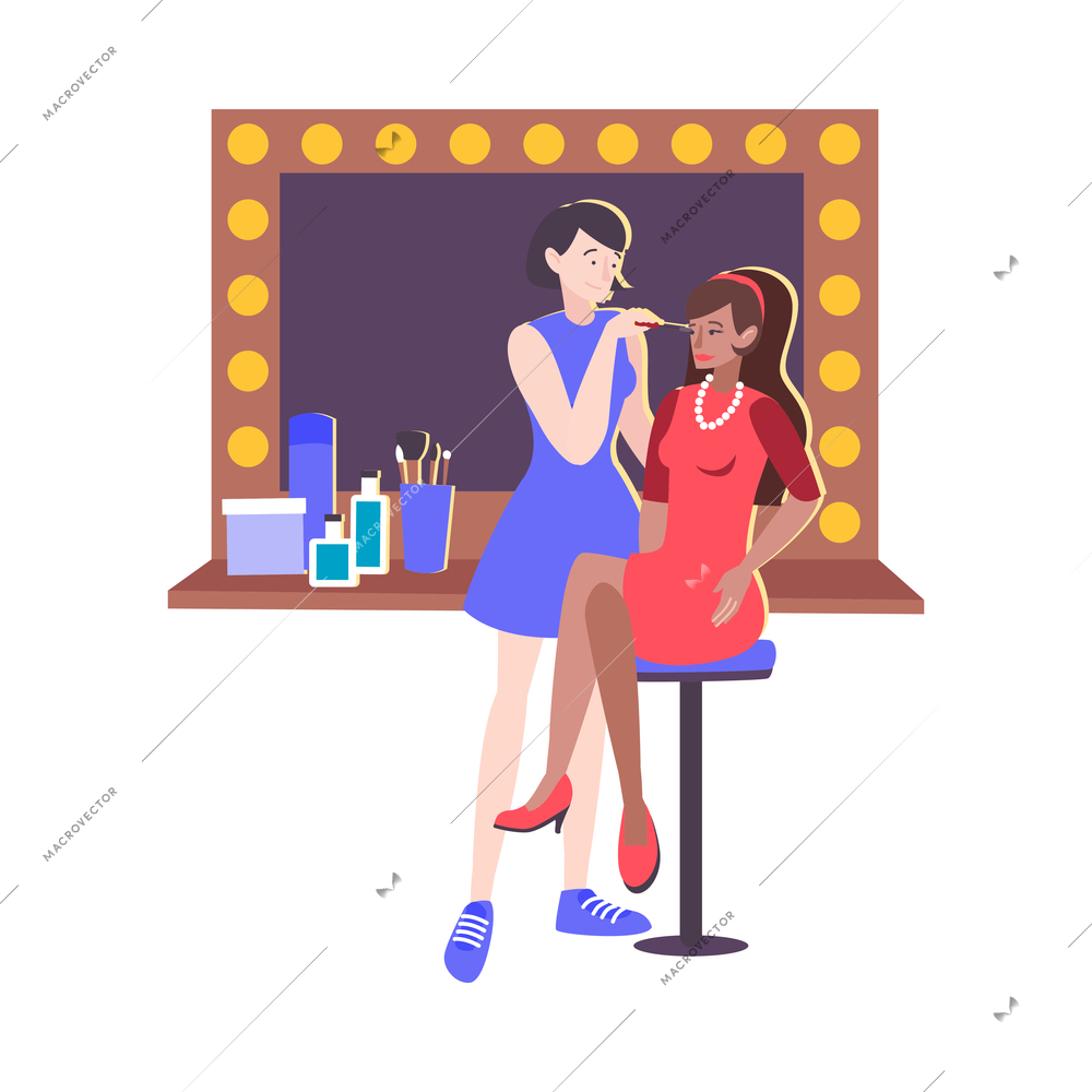 Hair salon set composition with working makeup artist with female client and mirror on blank background vector illustration