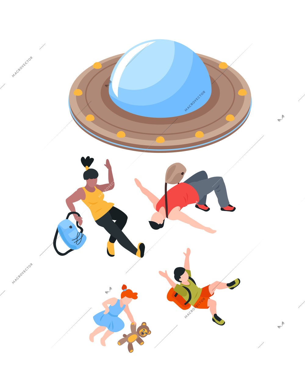 Isometric ufo alien space ship people composition with flying ufo kidnapping adult people and kids vector illustration