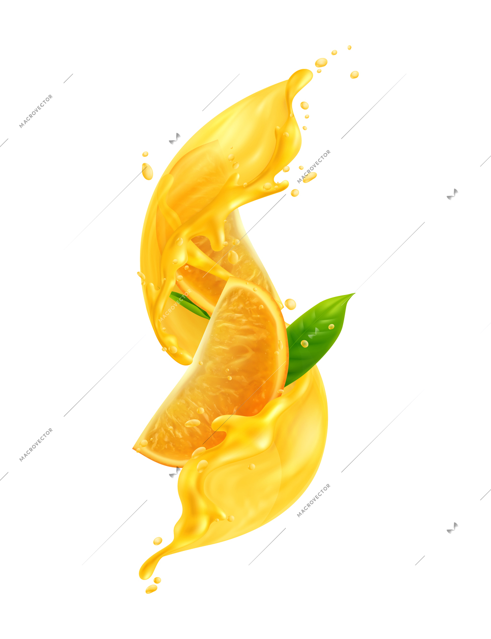 Orange juice splashes composition with isolated image of liquid flow with drops and slice with leaf vector illustration