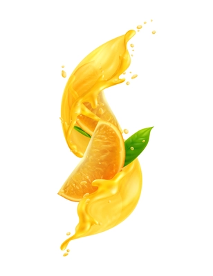 Orange juice splashes composition with isolated image of liquid flow with drops and slice with leaf vector illustration