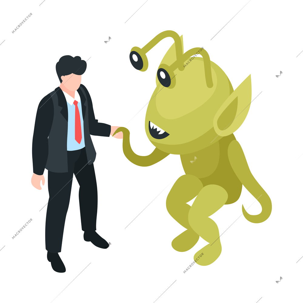 Isometric ufo alien space ship people composition with isolated image of alien shaking hands with businessman vector illustration