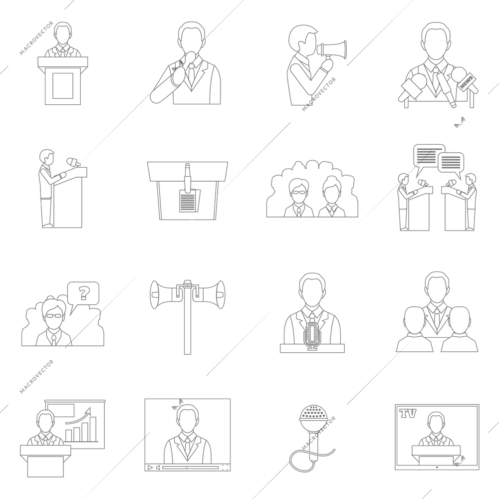 Public speaking outline icons set with speech presentation announcement interview isolated vector illustration