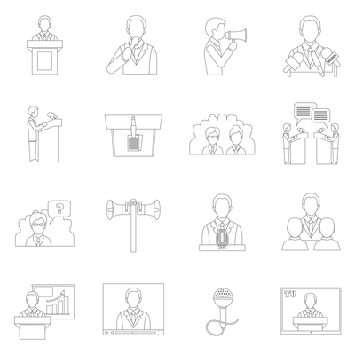 Public speaking outline icons set with speech presentation announcement interview isolated vector illustration