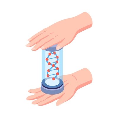 Isometric human cloning dna research science laboratory composition with human hands holding tube with dna molecule vector illustration