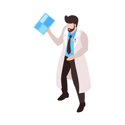 Isometric human cloning dna research science laboratory composition with isolated character of male scientist holding documents vector illustration