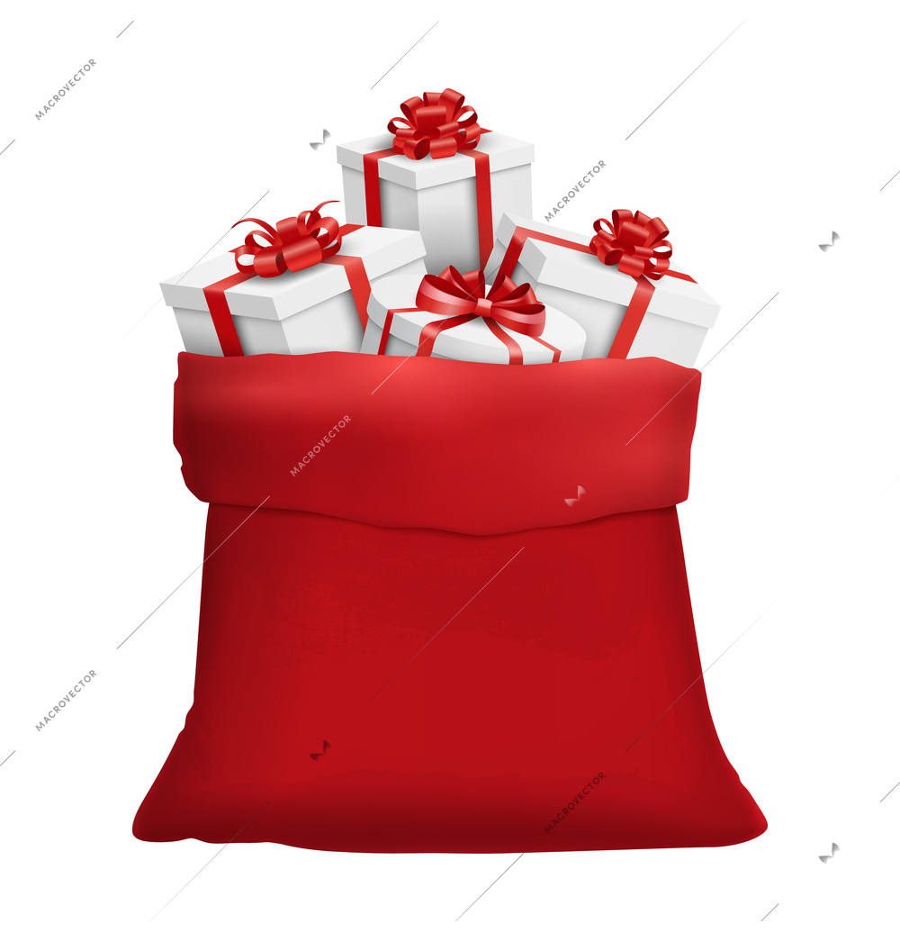 Red sack with christmas gifts realistic composition with santa bag filled with gift boxes on blank background vector illustration