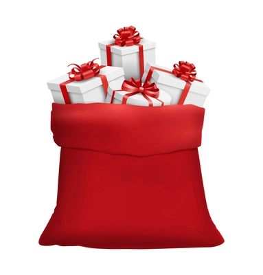 Red sack with christmas gifts realistic composition with santa bag filled with gift boxes on blank background vector illustration