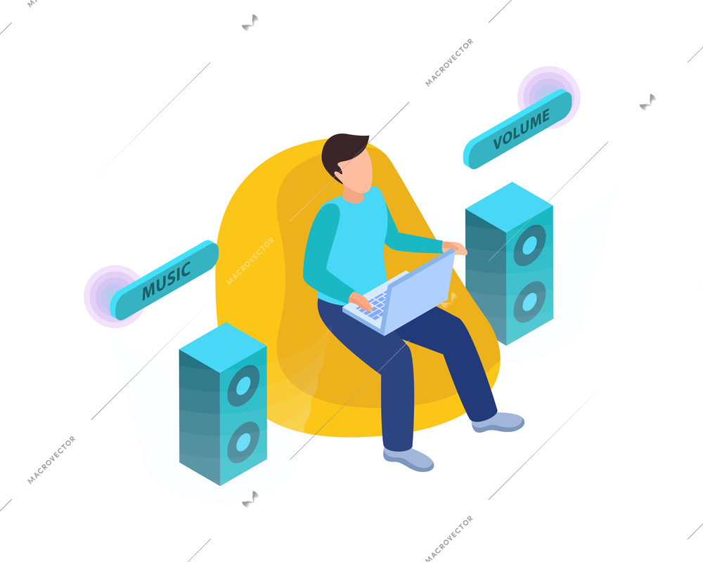 Virtual augmented information isometric composition with man sitting on soft chair listening to surround sound vector illustration