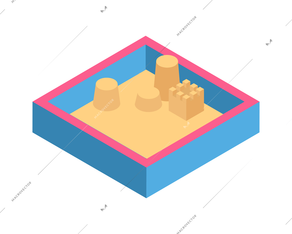 Kindergarten isometric composition with isolated image of sand pit on blank background vector illustration