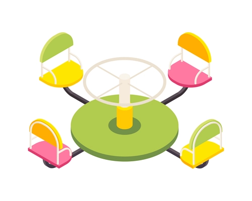 Kindergarten isometric composition with isolated image of spinning carousel with four seats on blank background vector illustration