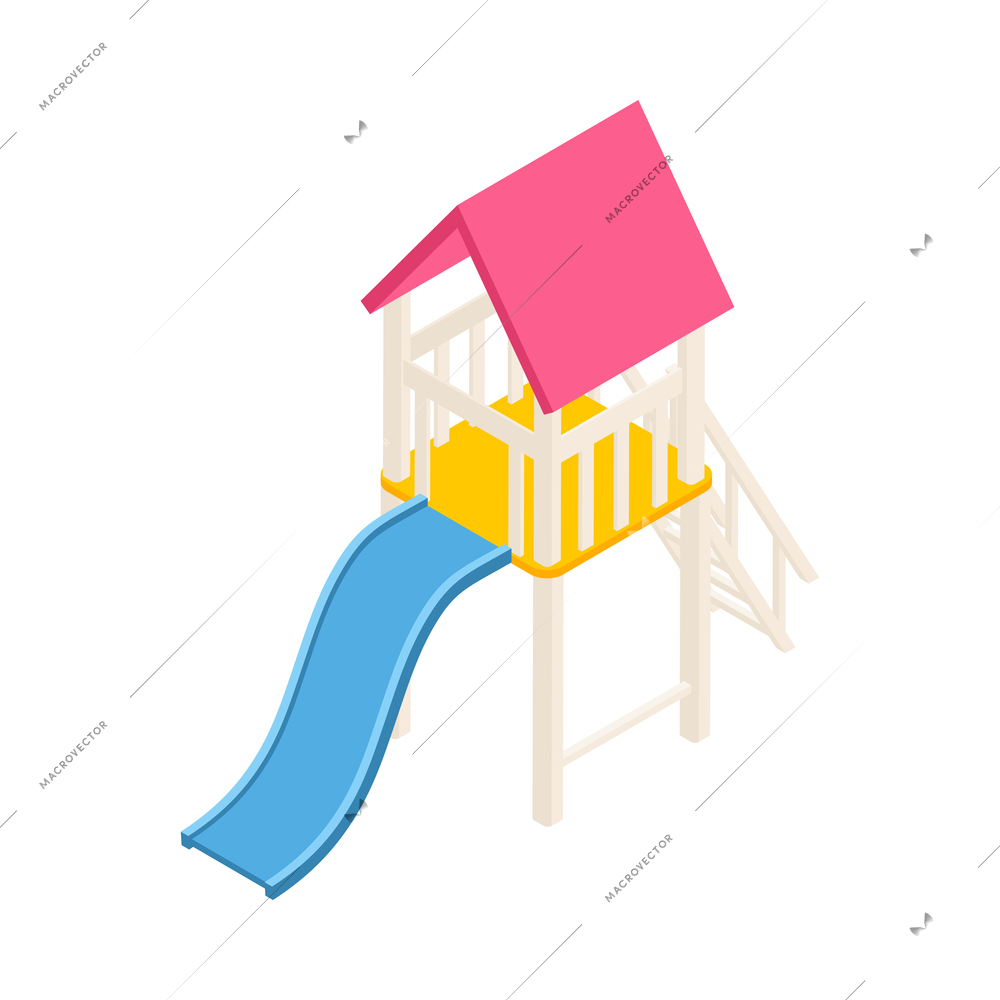 Kindergarten isometric composition with isolated image of tower with ladder and slide on blank background vector illustration