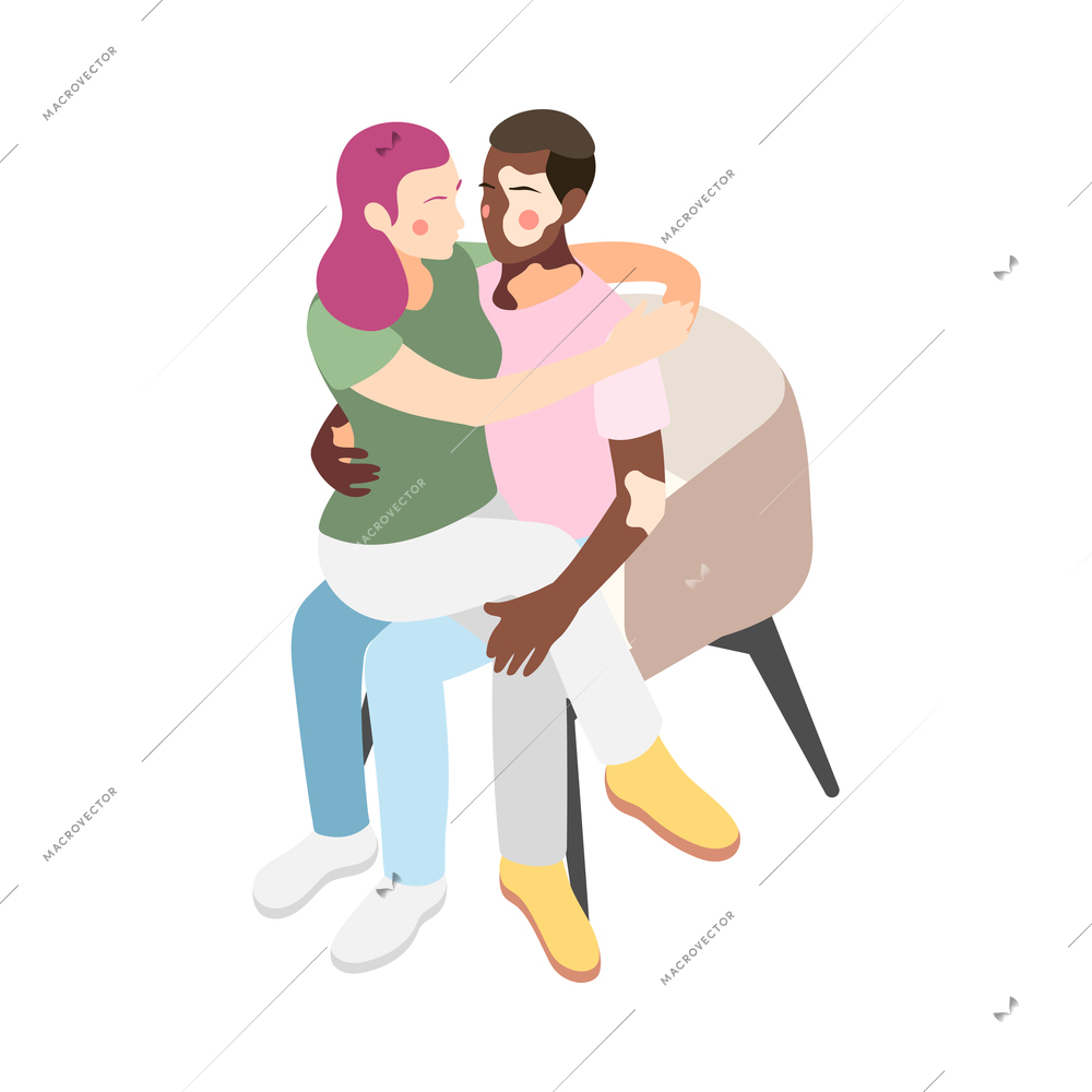 Different couples isometric composition with isolated view of loving couple higging sitting on chair vector illustration