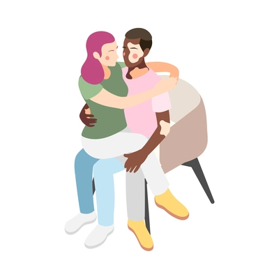 Different couples isometric composition with isolated view of loving couple higging sitting on chair vector illustration