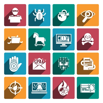 Hacker white flat icons set with spy technologies computer danger and protection isolated vector illustration