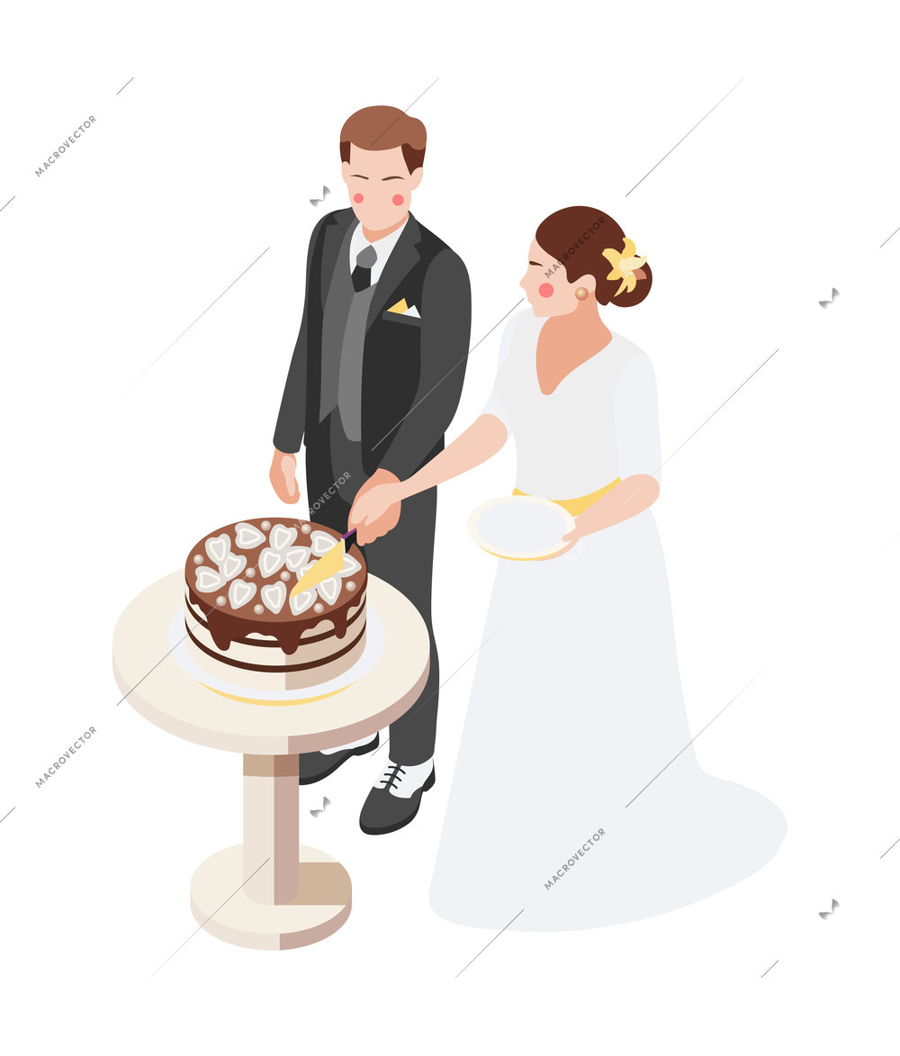 Wedding isometric composition with isolated view of bride and groom cutting wedding cake on blank background vector illustration