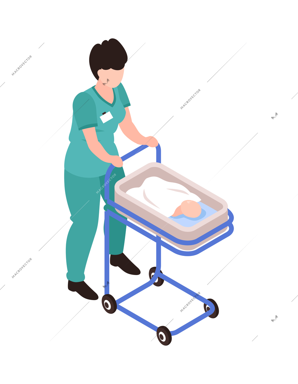 Isometric gynecology obstetrics composition with character of female nurse pushing trolley with newborn baby vector illustration