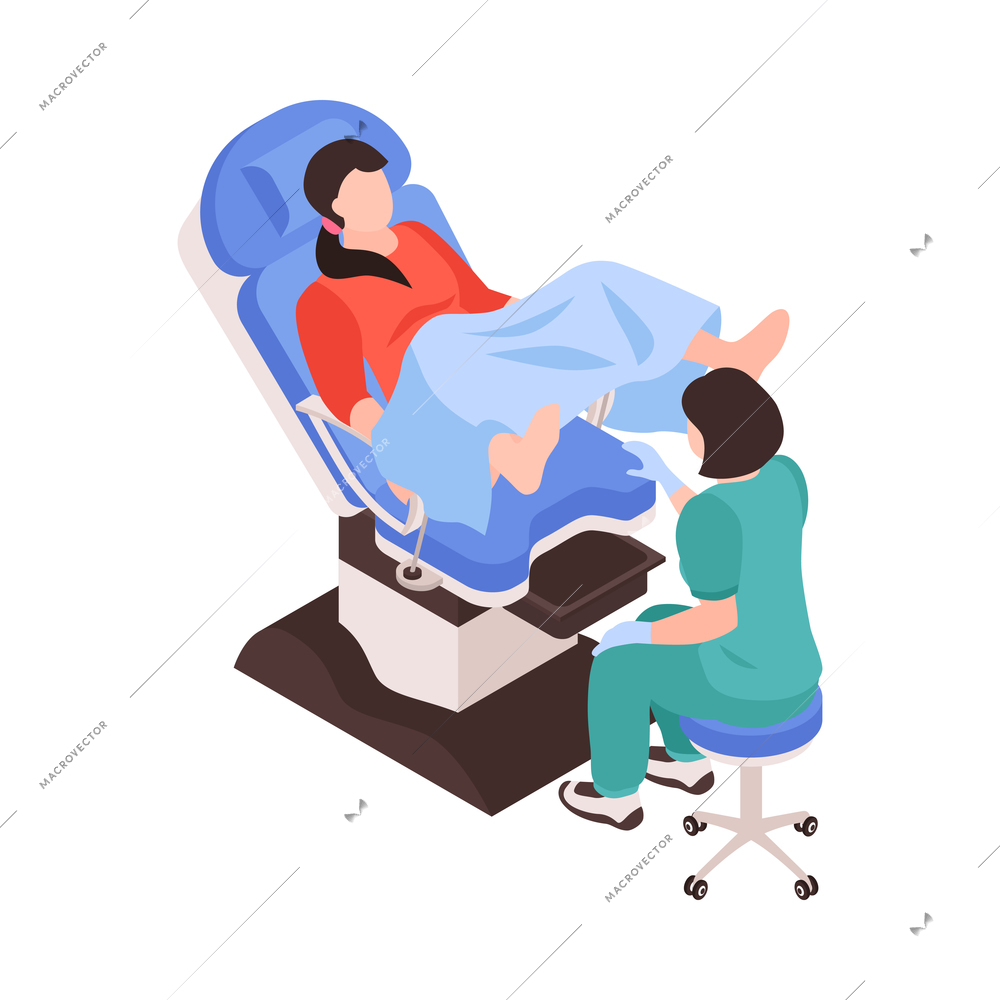 Isometric gynecology obstetrics composition with character of female doctor performing pelvic examination of pregnant woman vector illustration