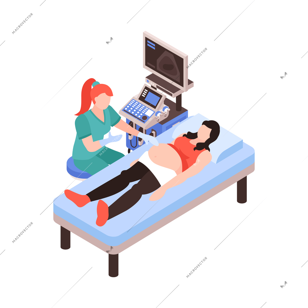 Isometric gynecology obstetrics composition with character of pregnant woman scanned by x-ray apparatus with female doctor vector illustration