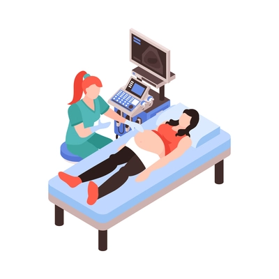 Isometric gynecology obstetrics composition with character of pregnant woman scanned by x-ray apparatus with female doctor vector illustration