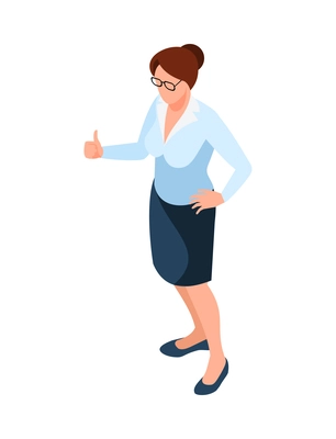 Isometric winner businessman composition with human character of businesswoman with thumbs up on blank background vector illustration