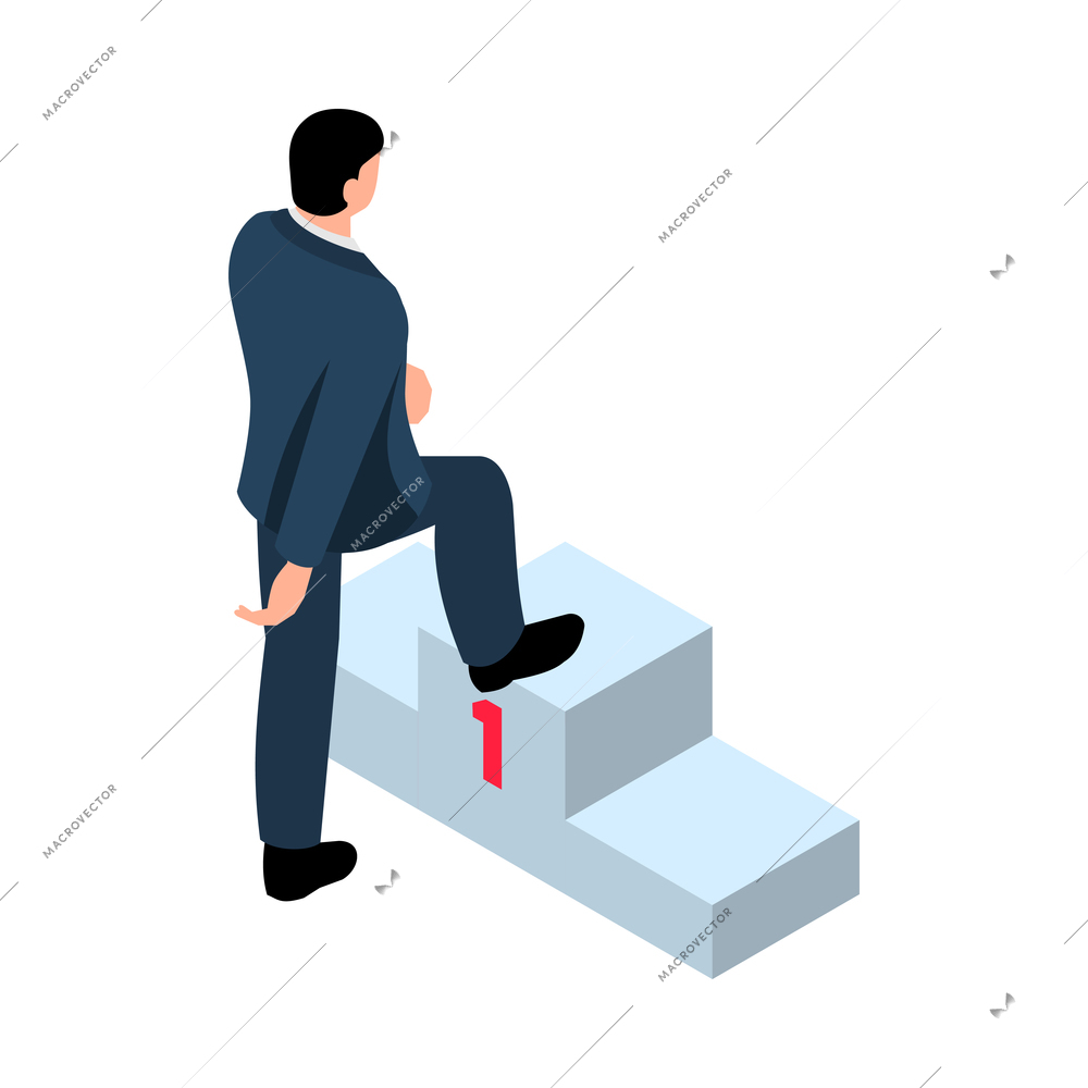 Isometric winner businessman composition with human character of businessman stepping up winners podium on blank background vector illustration