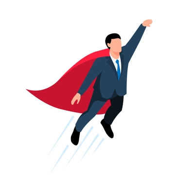 Isometric winner businessman composition with human character of businessman in superhero suit on blank background vector illustration