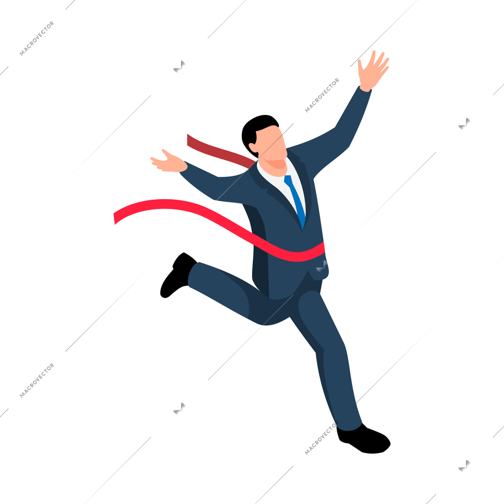 Isometric winner businessman composition with human character of running businessman crossing finish line on blank background vector illustration