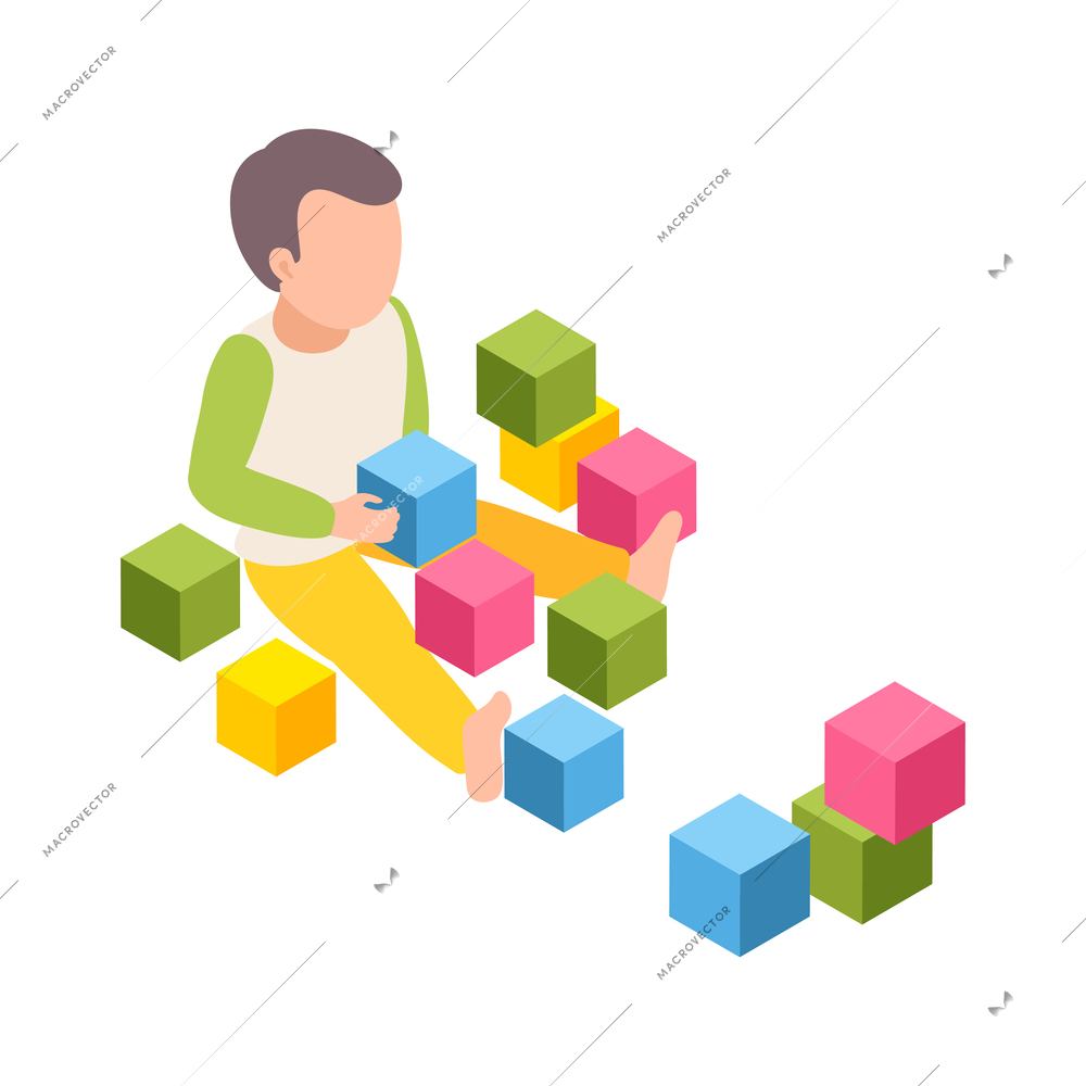 Kindergarten isometric composition with human character of little boy playing with toy cubes on blank background vector illustration