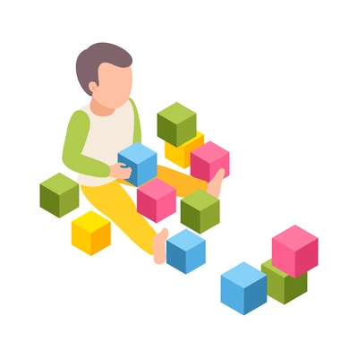 Kindergarten isometric composition with human character of little boy playing with toy cubes on blank background vector illustration