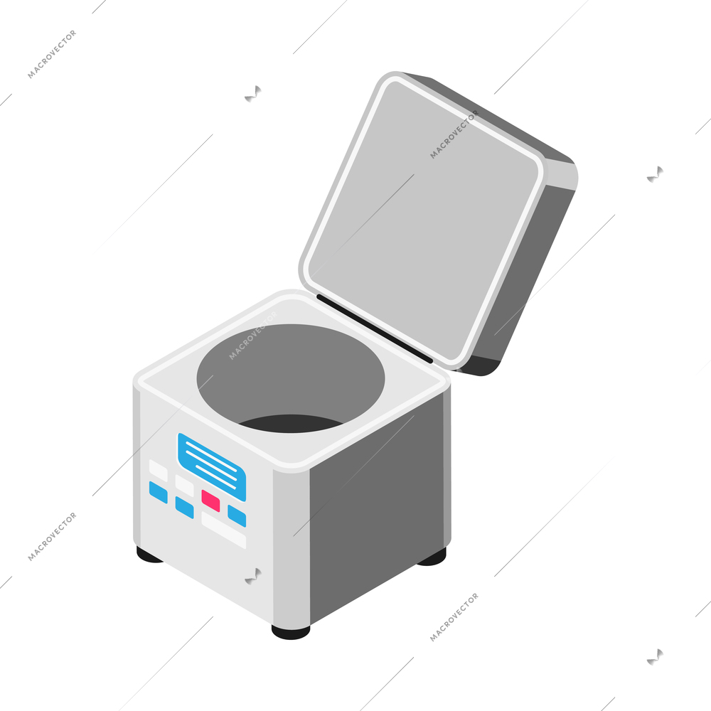 Isometric pharmaceutic laboratory research composition with isolated image of cooker with closing lid vector illustration