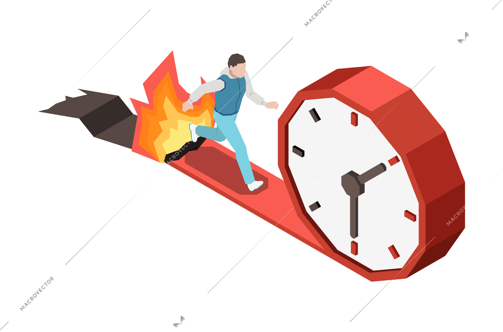 Time management planning schedule deadline isometric composition with character of running worker with fire and clock vector illustration