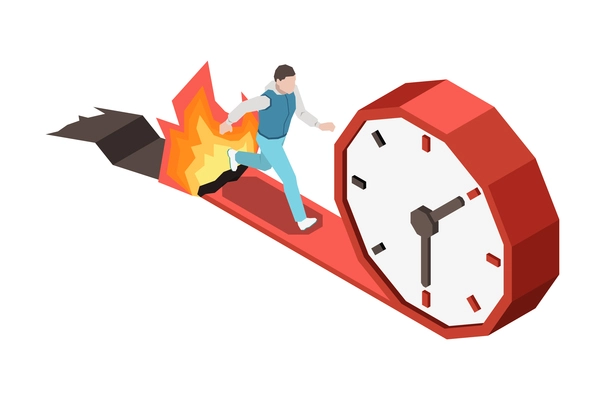 Time management planning schedule deadline isometric composition with character of running worker with fire and clock vector illustration