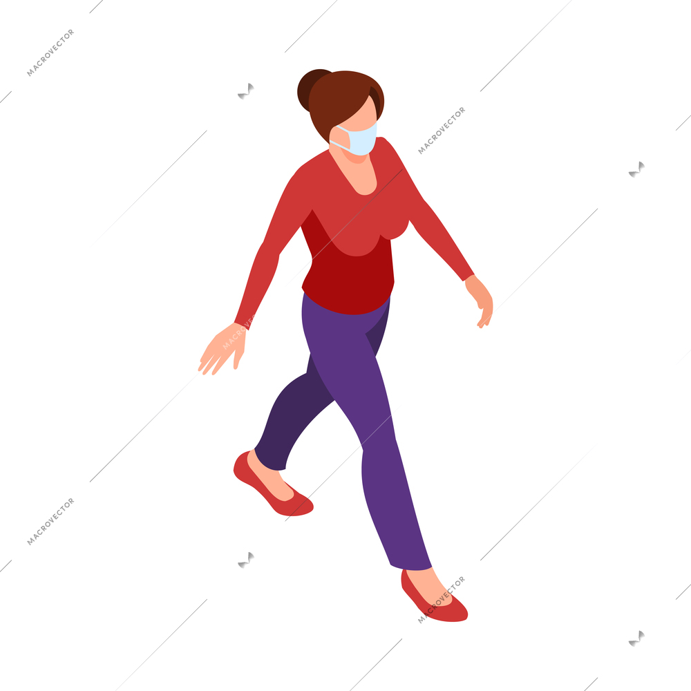 Isometric allergy composition with character of woman walking in mask on blank background vector illustration