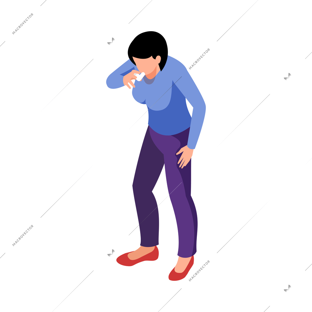 Isometric allergy composition with character of woman using personal inhaler on blank background vector illustration