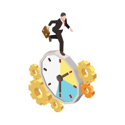 Time management planning schedule deadline isometric composition with character of worker running on gear clock vector illustration