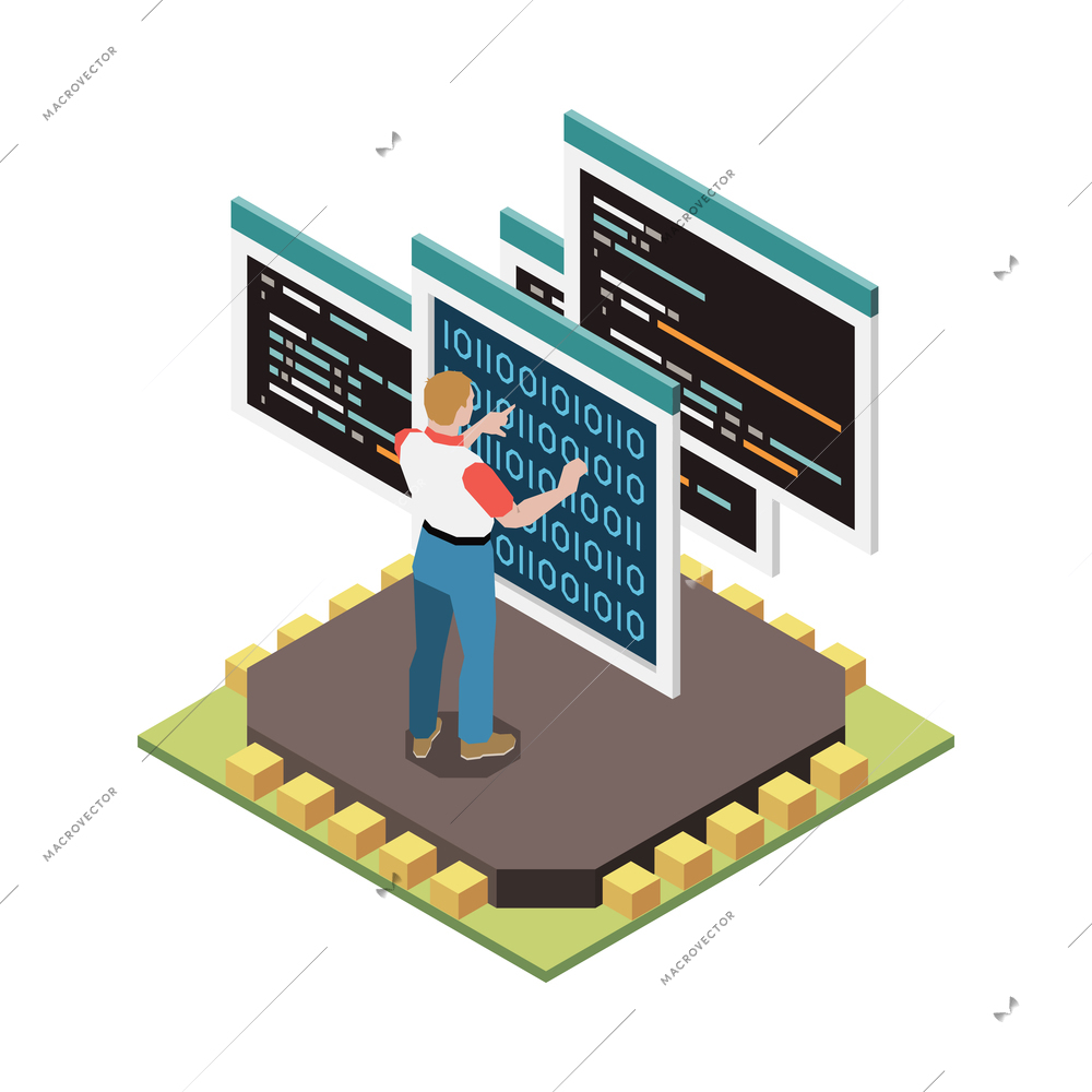 Programming development isometric composition with image of silicon chip with human character and code on screens vector illustration