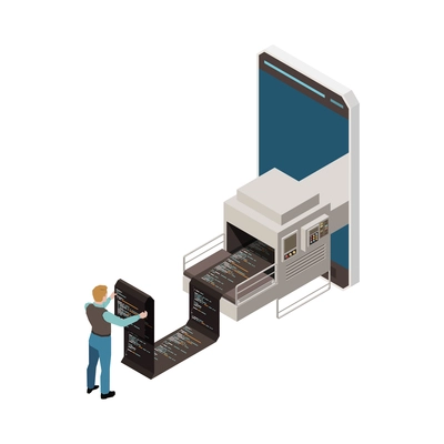 Programming development isometric composition with image of industrial conveyor line of code with smartphone and worker vector illustration