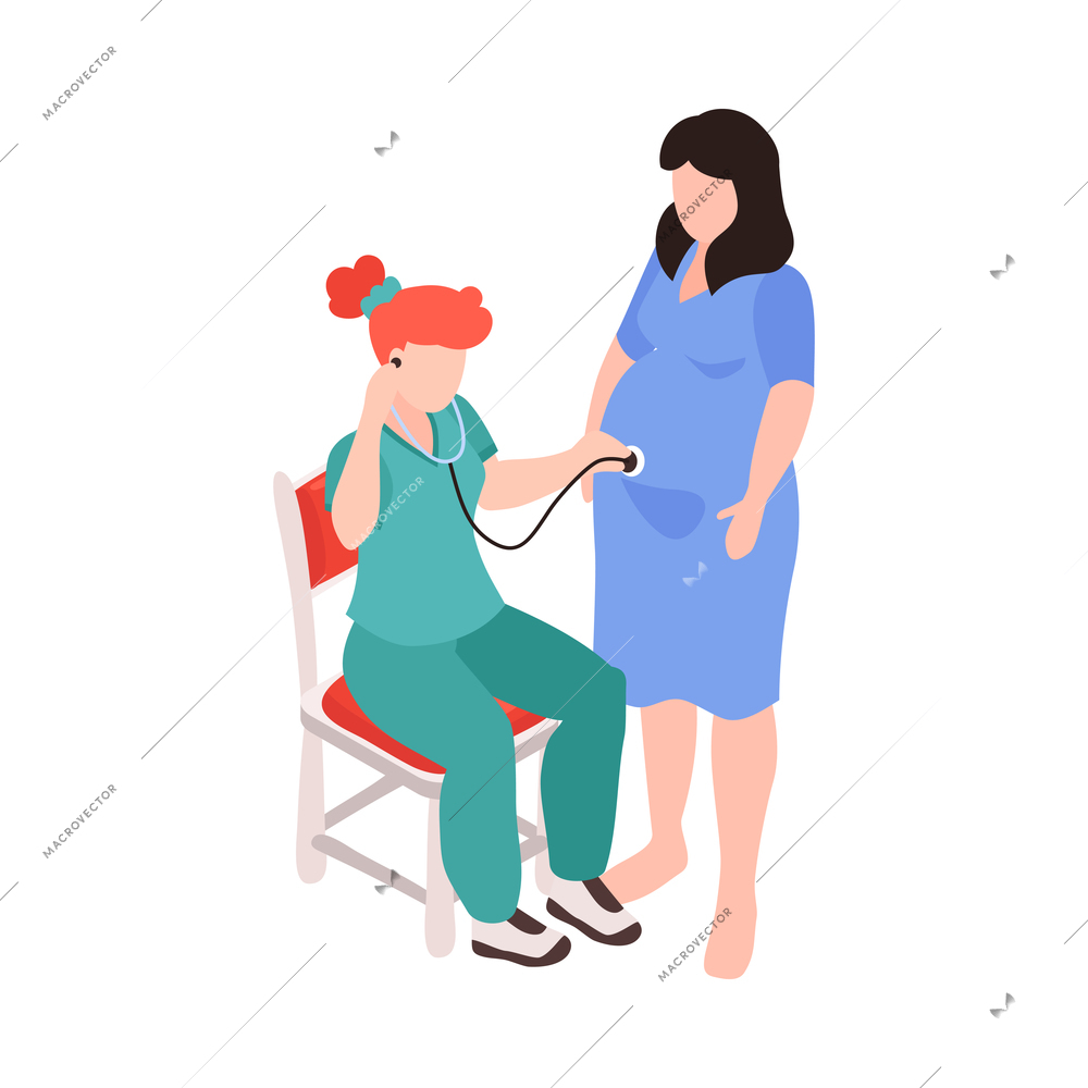 Isometric gynecology obstetrics composition with character of female doctor with stethoscope examining pregnant woman vector illustration