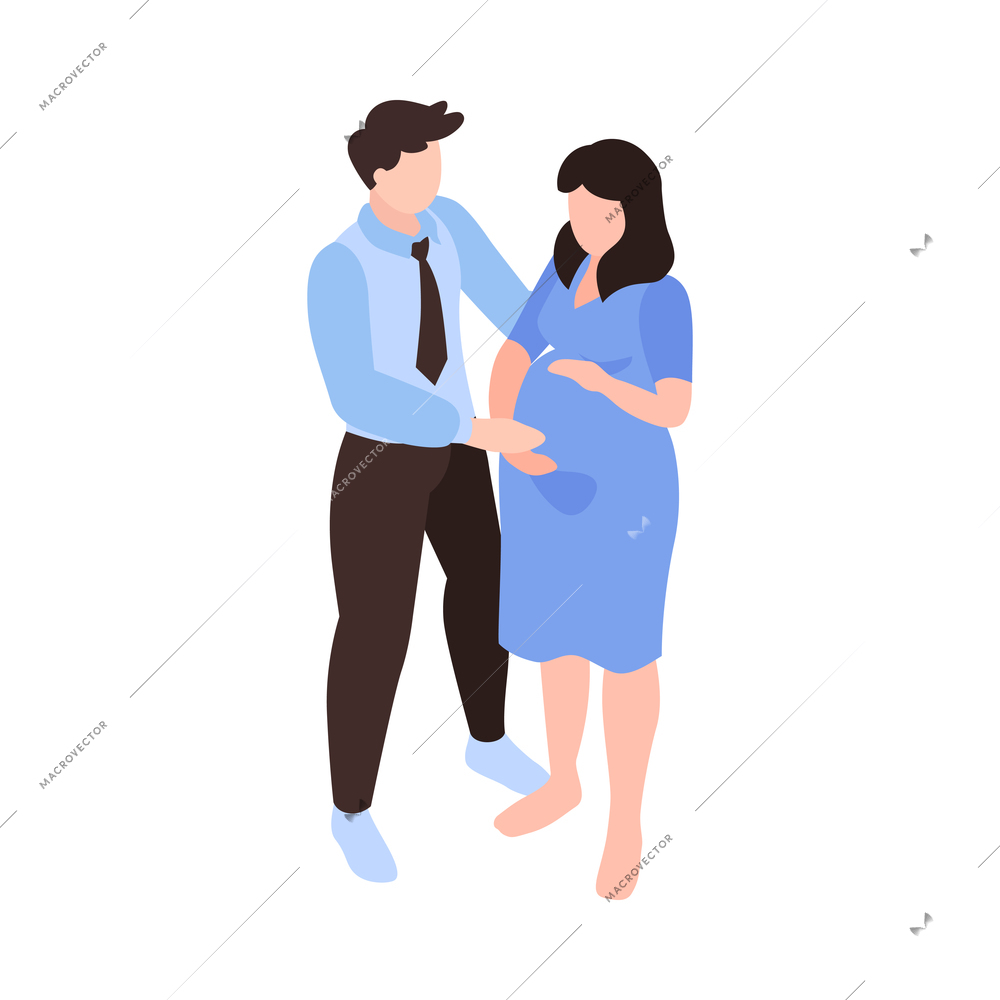 Isometric gynecology obstetrics composition with characters of pregnant woman with her husband on blank background vector illustration