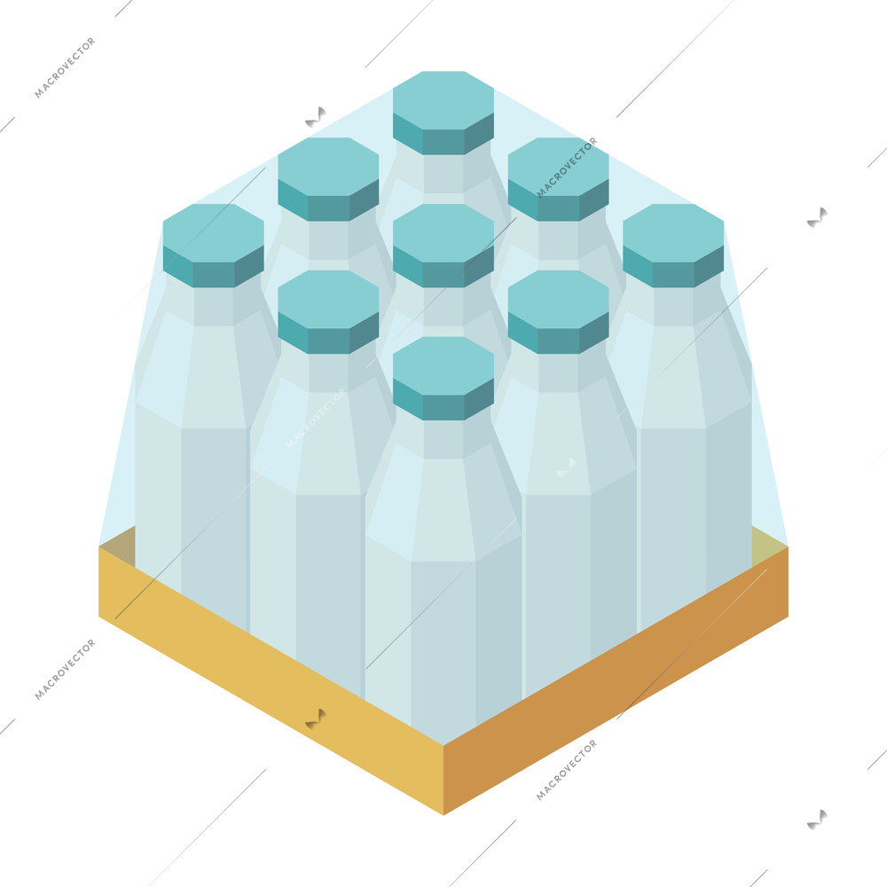 Milk production isometric composition with isolated image of carton pack with nine bottles of milk vector illustration